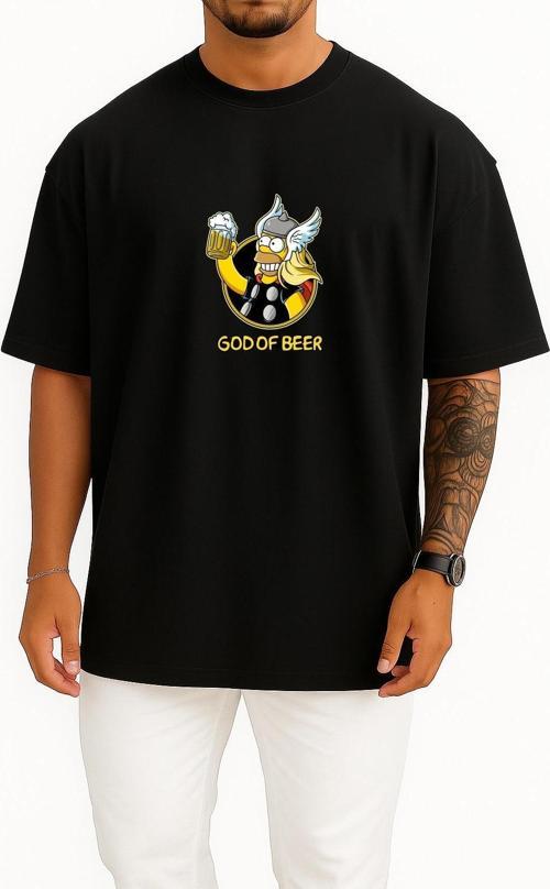 Oversize God Of Beer Göğüs Tasarımlı Unisex T-Shirt
