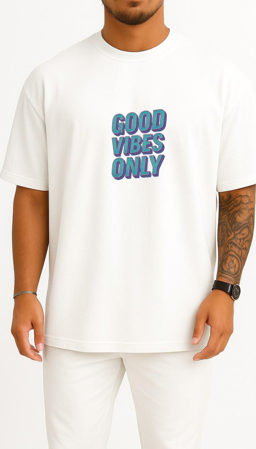 Oversize Good Vibes Only Göğüs Tasarımlı Unisex T-Shirt