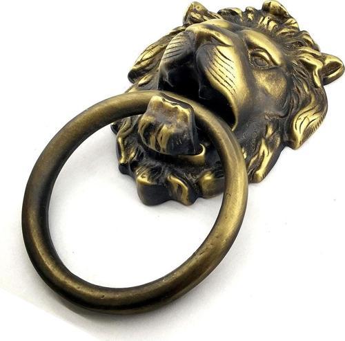 Antika Tarz Dekoratif Pirinç Aslan Kapı Tokmağı, Taktak - 102x130 mm, Antik