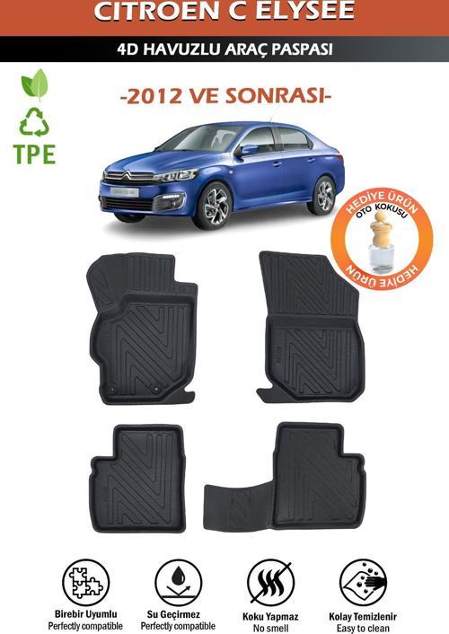 Havuzlu 4d Siyah Paspas Takımı,Citroen C-Elysee 2012 Ve Sonrası 4d Havuzlu Paspas Hediye Araç Kokusu