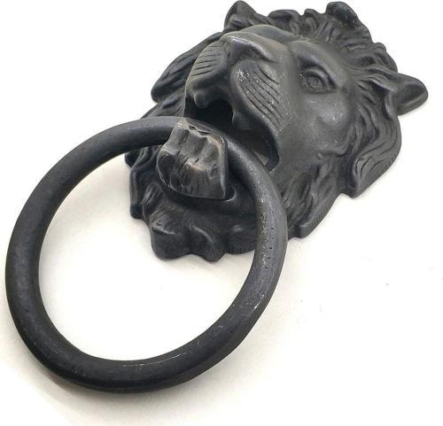 Antika Tarz Dekoratif Pirinç Aslan Kapı Tokmağı, Taktak - 102x130 mm, Oksit