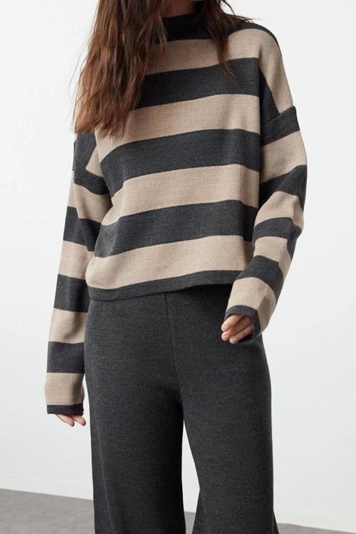 Moda Triko Çizgili Dik Yaka Casual Günlük Geniş Kalıp Çizgili Triko Alt-Üst Takım