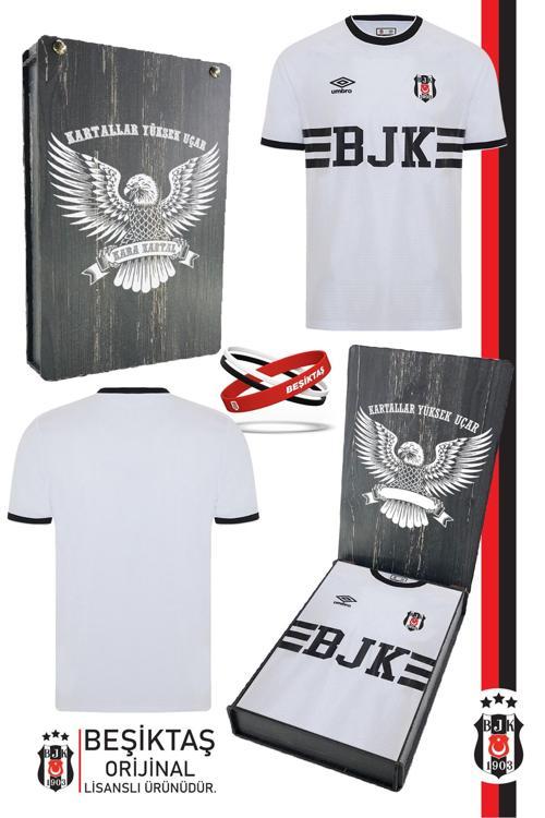 Orijinal Lisanslı Nostalji Beyaz Bjk Çocuk Forma + Bileklik Set Hediyelik Ahşap Kutu