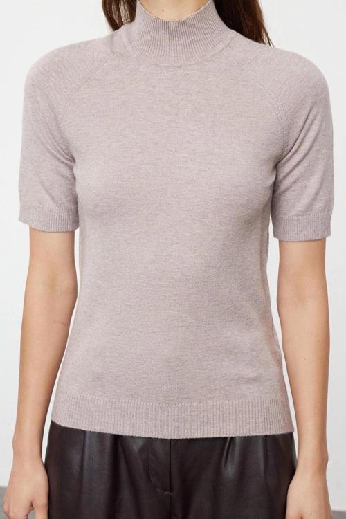 Moda Dik Yaka Triko Slim Düz Desen Casual Günlük Regular Kısa Kol Bluz