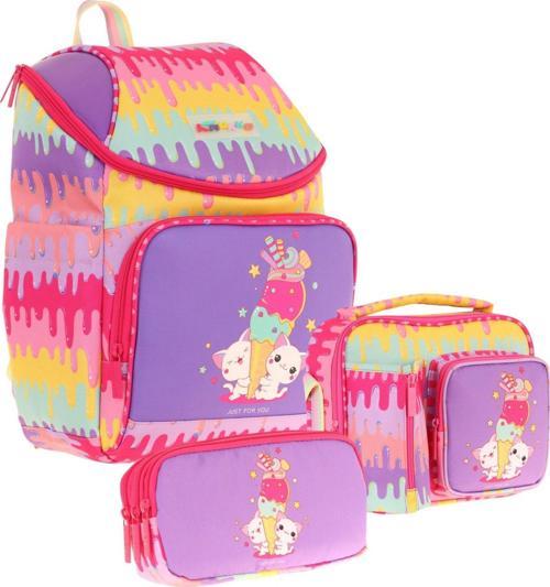 (Dondurma Baskılı - Sarı Mor) Kız Çocuk İki Bölmeli Okul Çanta Seti (Üçlü)