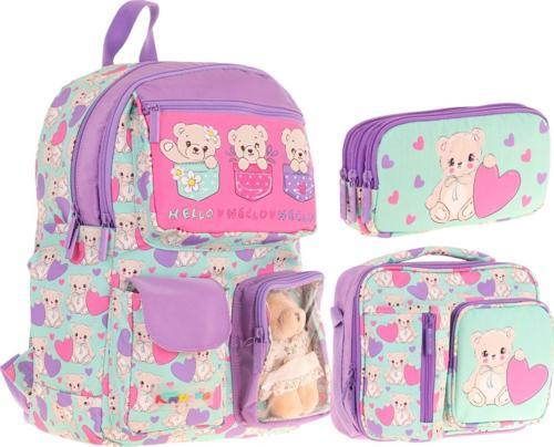 Kids Kız Çocuk İlkokul Okul Çantası Seti - Peluş Ayıcıklı - Yeşil Mor (L5239+L7239+L8239)