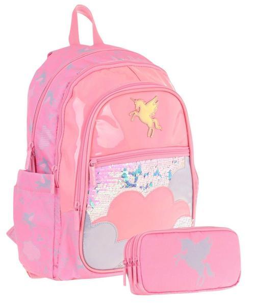 Kids Kız Çocuk Okul Çantası ve Üç Bölmeli Kalemlik Seti (Pembe - Pullu Bulut ) - (L5218+L8218)