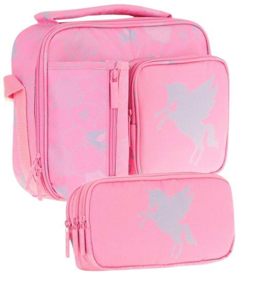 Kids Kız Çocuk Pembe Bulut Desenli Üç Bölmeli Thermo Beslenme Çantası ve Kalemlik Seti (L7218+L8218)