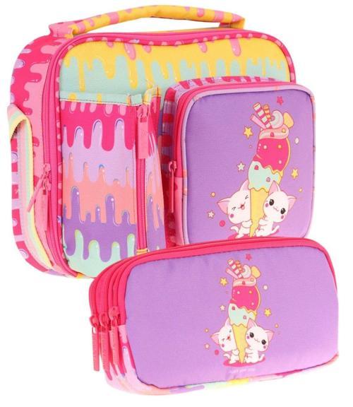 Kids Kız Çocuk Sarı Mor Dondurma Baskılı Üç Bölmeli Thermo Beslenme Çantası ve Kalemlik Seti (L7247+L8247)