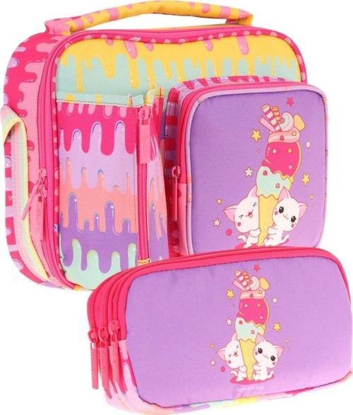 Kids Kız Çocuk Sarı Mor Dondurma Baskılı Üç Bölmeli Thermo Beslenme Çantası ve Kalemlik Seti (L7247+L8247)