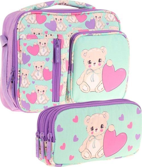 Kids Kız Çocuk Turkuaz Mor Ayıcık Baskılı Üç Bölmeli Thermo Beslenme Çantası ve Kalemlik Seti (L7239+L8239)