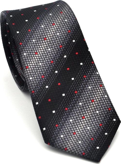 Gri Verev Desenli Siyah Dokuma Kumaş Mendilli Slim Fit Kravat // SDK-2505-1