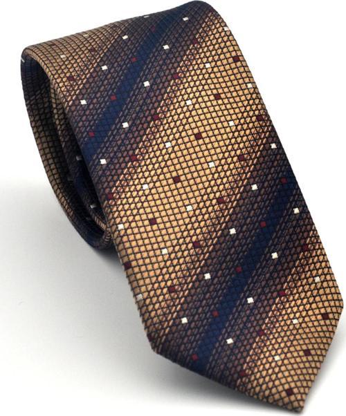 Kahverengi Verev Desenli Bej Dokuma Kumaş Mendilli Slim Fit Kravat // SDK-2505-5