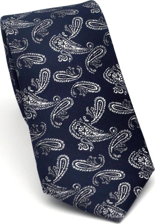 Gri Şal Desenli Lacivert Dokuma Kumaş Mendilli Slim Fit Kravat // SDK-2507-2
