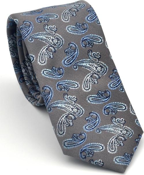 Mavi Şal Desenli Gri Dokuma Kumaş Mendilli Slim Fit Kravat // SDK-2507-4