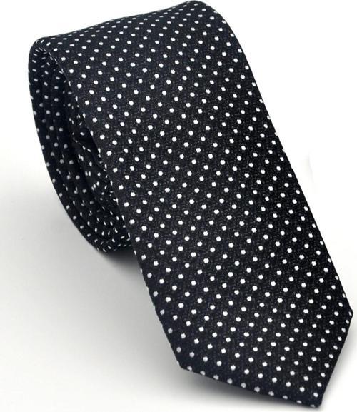 Beyaz Nokta Desenli Siyah Dokuma Kumaş Mendilli Slim Fit Kravat // SDK-2510-1