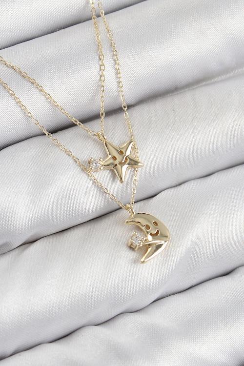 Pirinç Zirkon Taşlı Yıldız Ve Ay Model Gold Renk Kadın Kolye - EBJ250802W37075