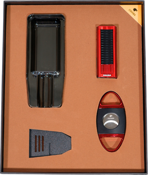 Çakmak Kesici Küllük Sehpa Siyah-Kırmızı Dörtlü Puro Seti