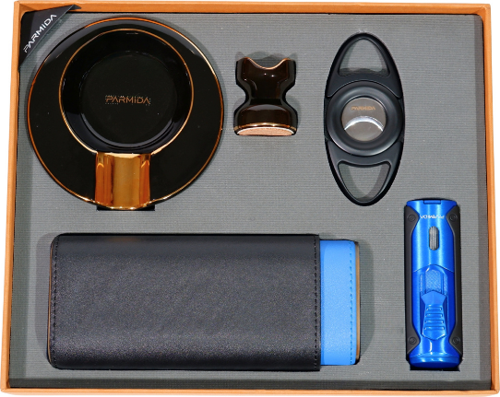 Çakmak Kesici Küllük Kılıf Sehpa Siyah-Mavi Beşli Puro Seti