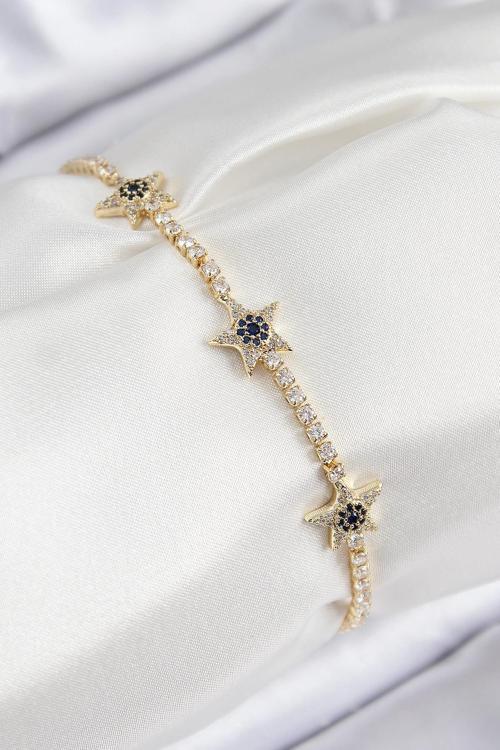Pirinç Zirkon Taşlı Yıldız Model Gold Renk Kadın Bileklik