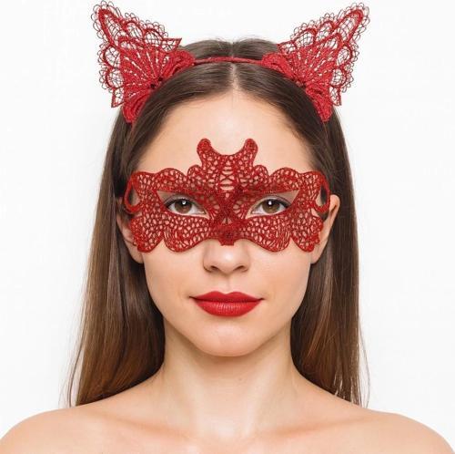 Ateş Kırmızısı Dantel Taç Ve Maske Seti 10 No - Maskeli Balo  Özel Gün Seti