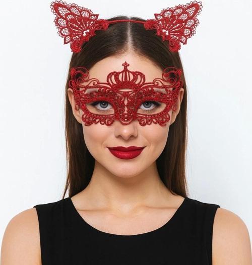 Lüks Kırmızı Dantel Taçlı Maske Seti 2 No - Parti, Balo, Kostüm Aksesuarı
