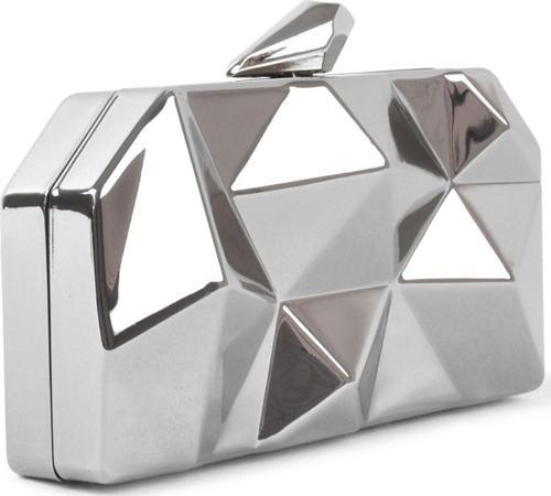 Geometrik Desenli Gümüş Metal Clutch Abiye Çanta