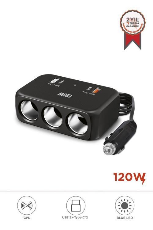 G18 Siyah 120W Çoklu Çıkışlı Araç Şarj Cihazı – 2x Type-C, USB, QC4.0 & 3 Çakmaklık Girişli