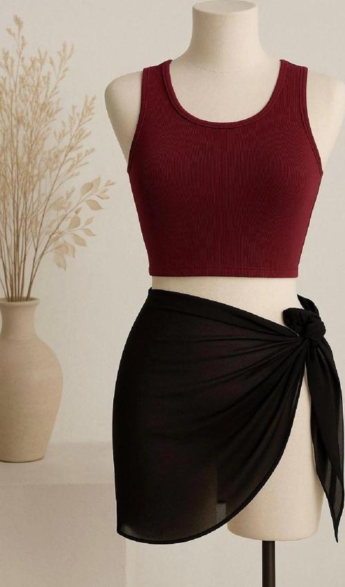 Kadın Bordo Yuvarlak Yaka Crop ve Siyah Pareo 2'li Set