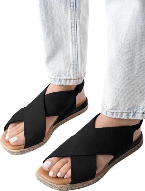 Elit Tera Kadın Hakiki Süet Deri Düz Sandalet Siyah