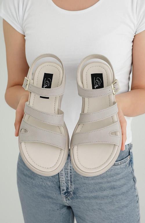 Elit Rhea Kadın Hakiki Deri Düz Sandalet Bej