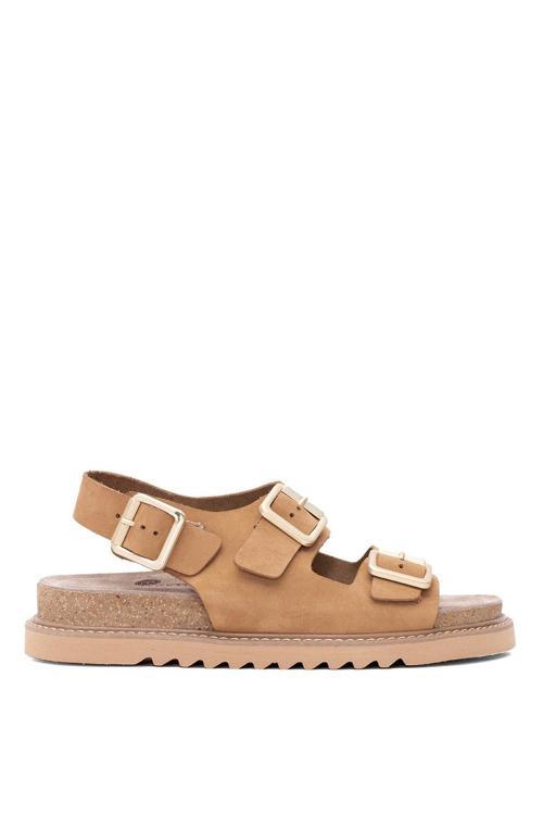 D25Ys-2630 Kadın Hakiki Deri Düz Sandalet Camel