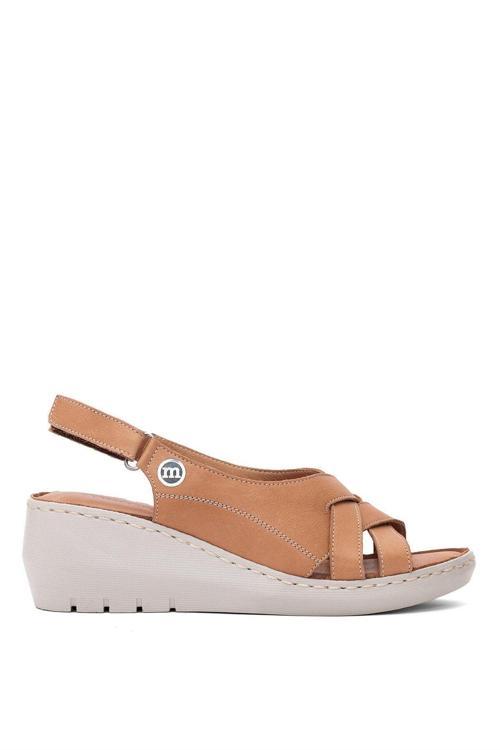D25Ys-2510 Kadın Hakiki Deri Dolgu Topuk Sandalet Taba