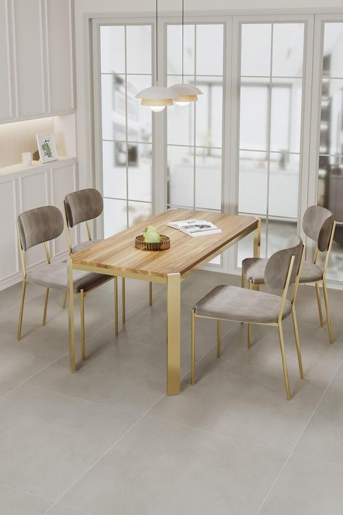 Nexa Altın Metal Ayaklı 70x120 Sabit Masa Yemek Odası Takımı, Mutfak Takımı 4 Adet Sandalye