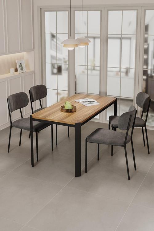 Nexa Siyah Metal Ayaklı 70x120 Sabit Masa Yemek Odası Takımı, Mutfak Takımı 4 Adet Sandalye