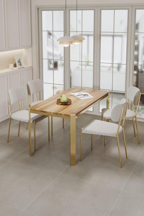 Nexa Altın Metal Ayaklı 70x120 Sabit Masa Yemek Odası Takımı, Mutfak Takımı 4 Adet Sandalye