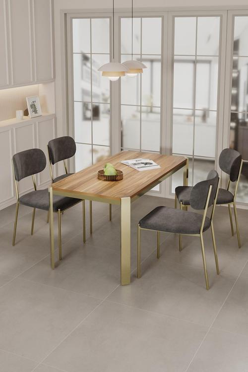Nexa Altın Metal Ayaklı 70x120 Sabit Masa Yemek Odası Takımı, Mutfak Takımı 4 Adet Sandalye
