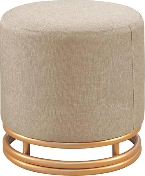 Nuvi Puf Gold Metal Çerçeveli  Keten Çok Amaçlı Dekoratif Oturak, Makyaj Oturağı,Montajsız Puf Bench