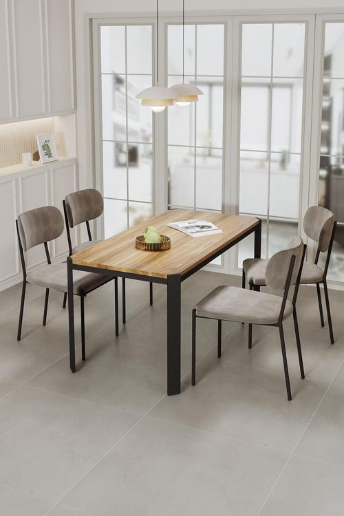 Nexa Siyah Metal Ayaklı 70x120 Sabit Masa Yemek Odası Takımı, Mutfak Takımı 4 Adet Sandalye