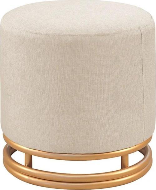 Nuvi Puf Gold Metal Çerçeveli  Keten Çok Amaçlı Dekoratif Oturak, Makyaj Oturağı,Montajsız Puf Bench