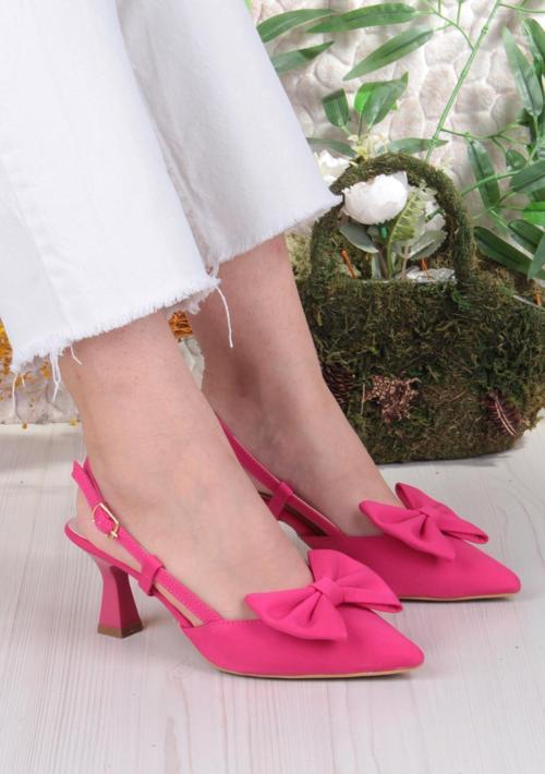 018-407 Fls Saten Önü Kapalı Fiyonklu Arkası Açık Topuklu Ayakkabı