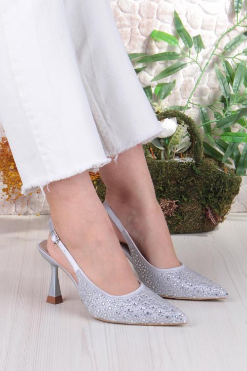 042-363 Fls Taş Baskılı Önü Kapalı Arkası Açık Topuklu Kadın Ayakkabı