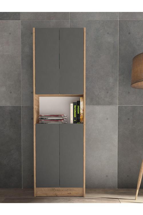 Flat56 Kitaplık 4 Kapaklı Kütüphane Çok Amaçlı Dolap Çam Antrasit