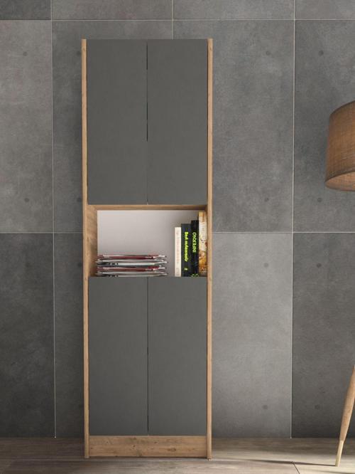 Flat56 Kitaplık 4 Kapaklı Kütüphane Çok Amaçlı Dolap Çam Antrasit