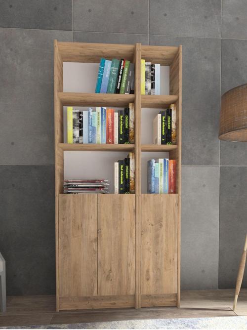 Flat85 Kitaplık 3 Kapaklı Kütüphane Çok Amaçlı Dolap Çam