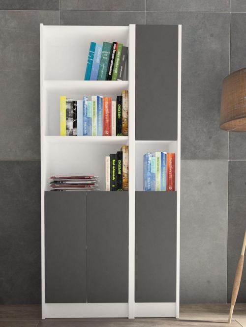 Flat85 Kitaplık 4 Kapaklı Kütüphane Çok Amaçlı Dolap Beyaz Antrasit