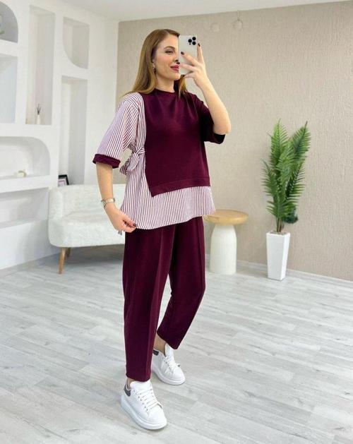 Kadın Kristal 2 Iplik Kumaş Yanları çizgili Takım