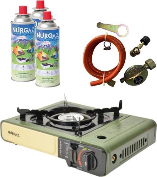 Tekli Portatif Ocak Tüp Girişli Haki+Dedantör Set+220Gr 3 Adet