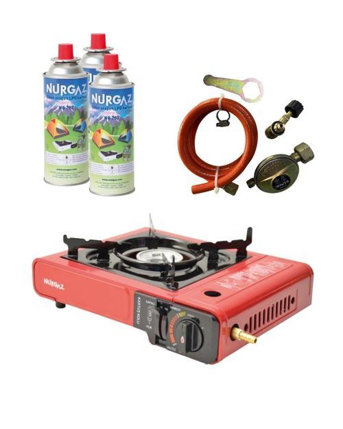 Tekli Portatif Ocak Tüp Girişli Kırmızı+Dedantör Set+220Gr 3 Adet