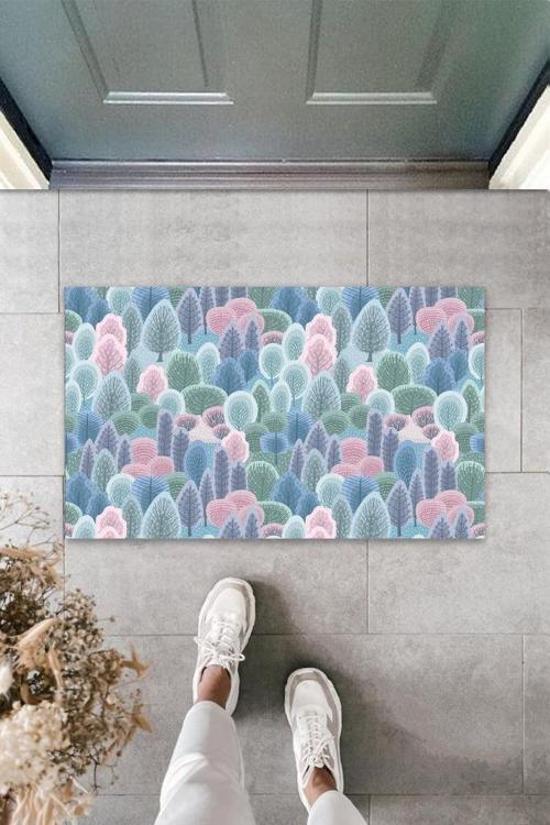 Dijital Baskı Pembe-Mavi Küçük Ağaçlar Paspas K-3094